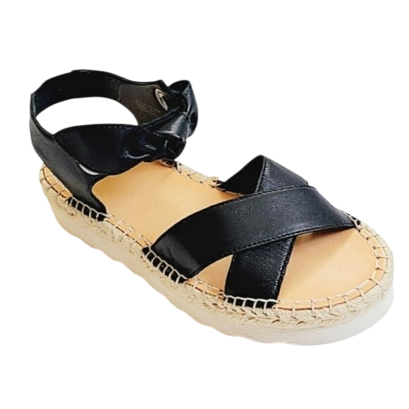 Frye & Co. Women's Black Genuine Leather Platform Espadrille Crisscross Sandals - Picture 2 of 8